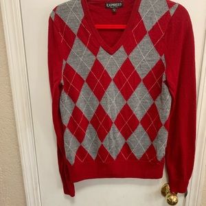 EXPRESS red Merino wool sweater size SMALL, argyle, pullover, long sleeves